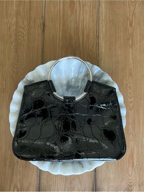 Black Faux Patent Croc-Embossed Ring Handle Mini Bag